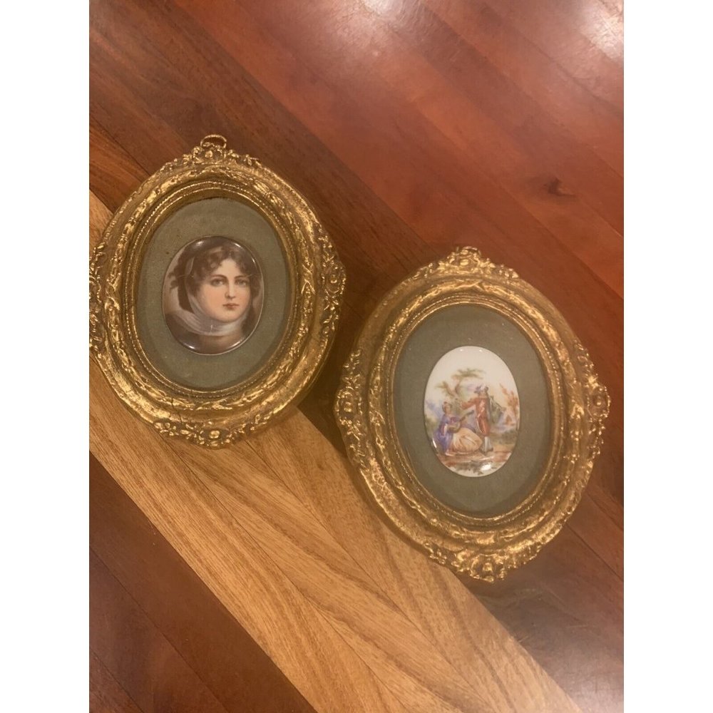 Vtg Cameo Creations x2  Victorian Ornate Gold Frames Oval Pictures Green